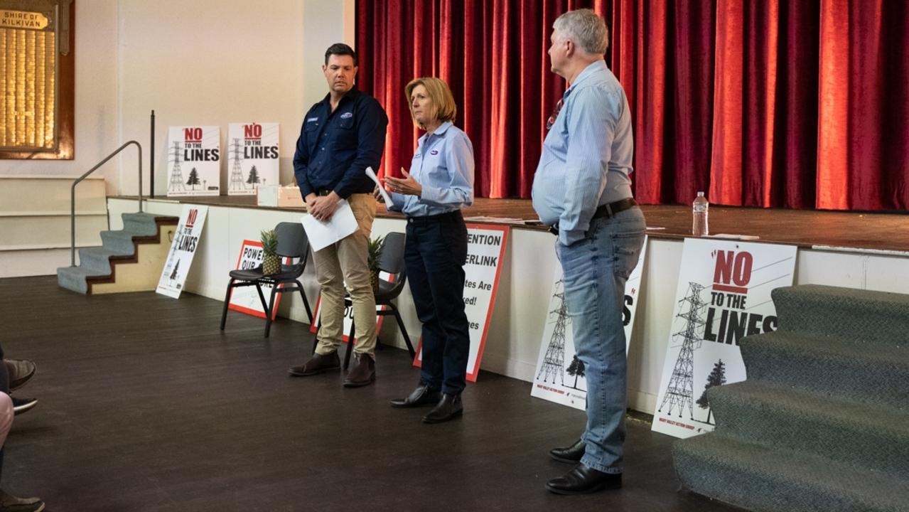 Powerlink representatives address more 100 people turned up to Kilkivan Town Hall in response to Powerlink's selected corridor of a transmission line from Borumba Dam to Woolooga Substation in late April. Wednesday, May 3, 2023. Picture: Christine Schindler