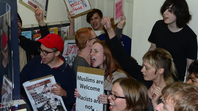 Student protesters left graffiti and rubbish strewn about in Senator Cory Bernardi's Kent Town office in Adelaide. Picture: Mark Brake