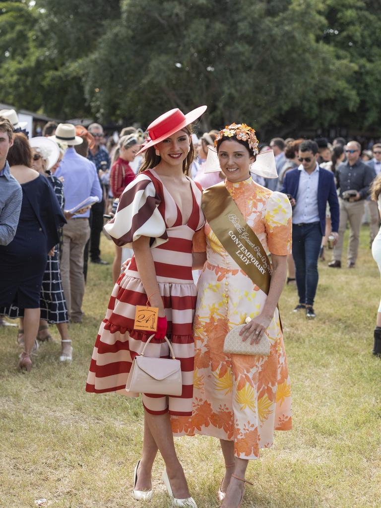 Burdekin Races at Burdekin Race Club, Home Hill. Fashions on the field, contemporary category runner up, Haley Akerman from Burdekin and winner Ureisha Hughes. Picture: Mark Cranitch