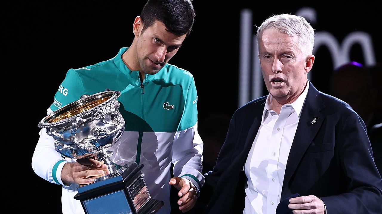Australian Open boss Craig Tiley (right) is unaware of any medical condition that may grant world No. 1 Novak Djokovic a vaccine exemption. Picture: Getty Images