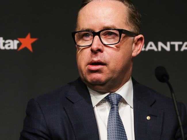 SYDNEY, AUSTRALIA - Newswire Photos -MAY 02 2023: CEO Alan Joyce is joined by Qantas Group Chairman Richard Goyder and CEO designate and Chief Financial Officer Vanessa Hudson on the CEO succession plan announced today during a press conference at Qantas HQ in Sydney. Picture: NCA Newswire / Gaye Gerard