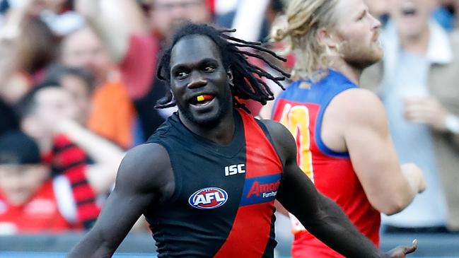 MELBOURNE, AUSTRALIA - APRIL 13: Anthony McDonald-Tipungwuti of the Bombers celebrates his 6th goal of the day during the 2019 AFL round 04 match between the Essendon Bombers and the Brisbane Lions at the Melbourne Cricket Ground on April 13, 2019 in Melbourne, Australia. (Photo by Dylan Burns/AFL Photos/Getty Images)
