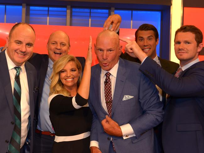 Craig Hutchison, Billy Brownless, Rebecca Maddern, Sam Newman, Alex Rance and Patrick Dangerfield on the first episode of the 2017 season of The Footy Show. Picture: Channel 9