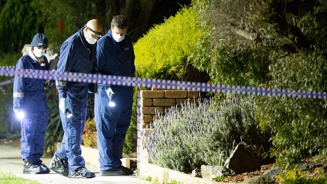 Police at the scene of the fatal shooting in Kurrajong Rd, Narre Warren. Picture: Mark Stewart