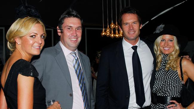 Jo Ferguson with businessman David Gyngell, TV host Tom Williams and Kylie Spear in the David Jones Marquee on Emirates Doncaster Day at Royal Randwick Racecourse in 2008. Picture: Ruth Schwarzenholz/Getty Images