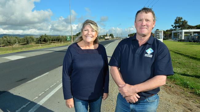 Main South Road Action Group vice chairwoman Cheryl Batic and chairman Craig Curtis on the section of road near Aldinga that the State Government has announced will be duplicated. Picture: Mark Brake