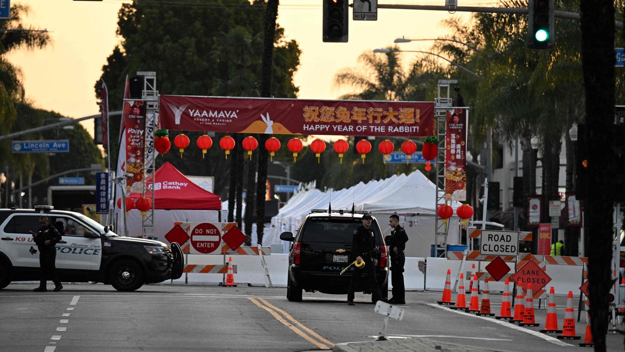 Police work near the scene in Monterey Park. Picture: Robyn Beck / AFP