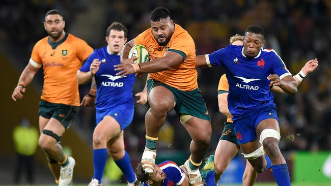 BRISBANE, AUSTRALIA - JULY 07: Taniela Tupou of the Wallabies takes on the defence during the international Test match between the Australia Wallabies and France at Suncorp Stadium on July 07, 2021 in Brisbane, Australia. (Photo by Matt Roberts/Getty Images for Rugby Australia)