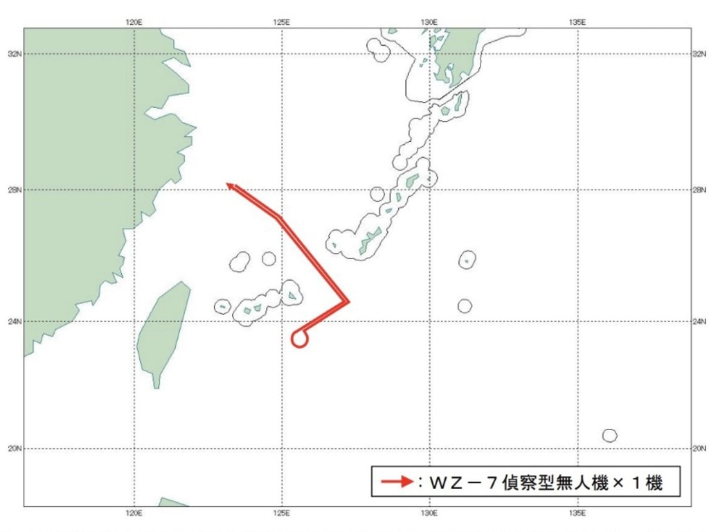 China’s advanced new “Soaring Dragon” drones flew to a position just south of Japan’s Sakishima Islands earlier this week. Increased activity by this type of drone is expected during 2023. Picture: Japanese Ministry of Defence