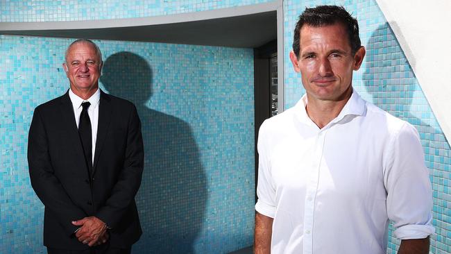 Socceroos coach Graham Arnold (left) with team’s head of sports science Andrew Clark. Picture. Phil Hillyard