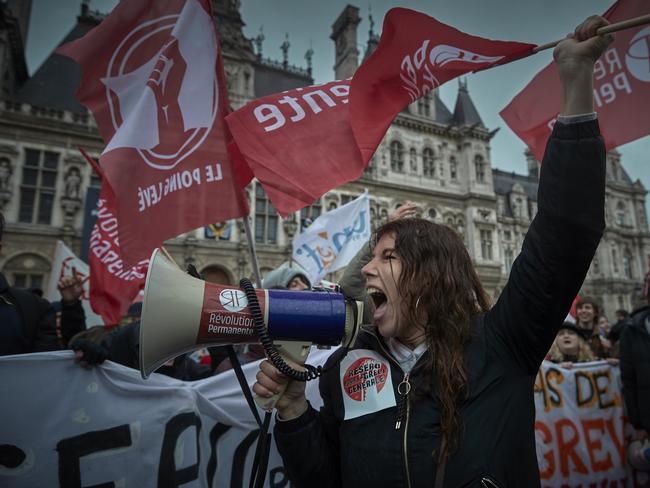 Protesters demonstrate against the decision by the French Constitutional Council to approve President Emmanuel Macron's contentious Pension Reform Law in Paris last month. Picture: Getty