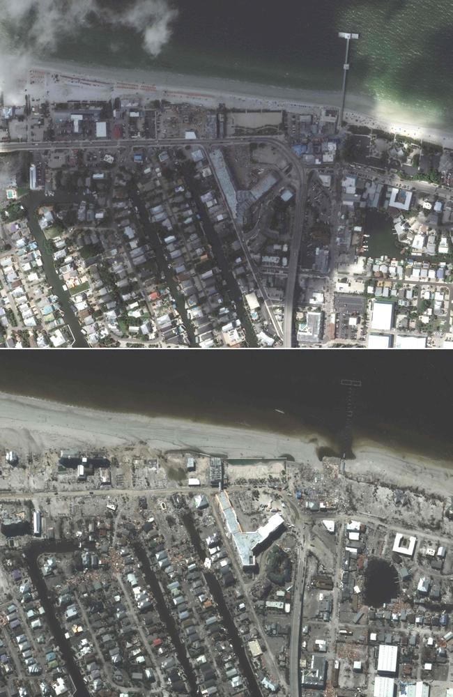 Satellite images released by Maxar Technologies show before (top) and after (bottom) images of the Fort Myers Beach coastline. Picture: Maxar Technologies / AFP