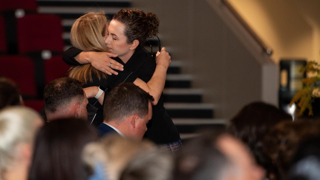 Chief Minister of the Northern Territory Lia Finocchiaro and Tracey Hayes as Hundreds paid tribute to respected agriculture industry leader Luke Bowen at a state funeral in Darwin on Tuesday, 17 September 2024. Picture: Pema Tamang Pakhrin