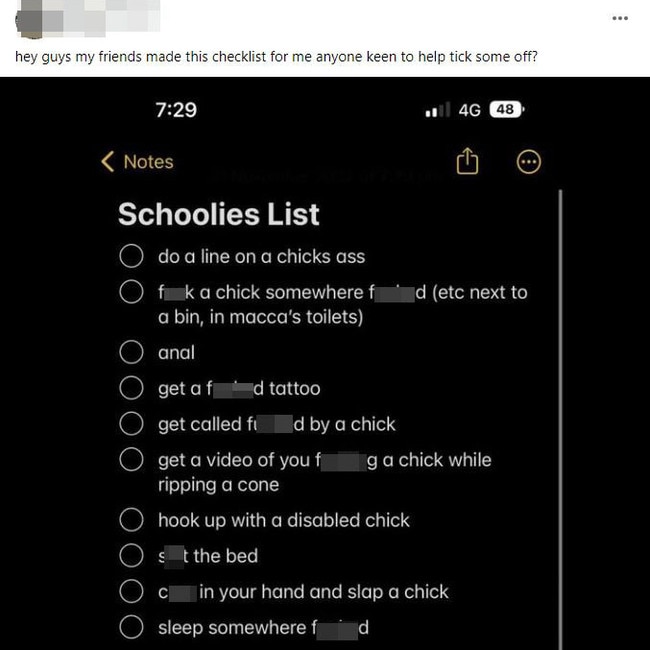 This sexually explicit ‘checklist’ was posted in multiple Schoolies Facebook groups. Picture: Facebook