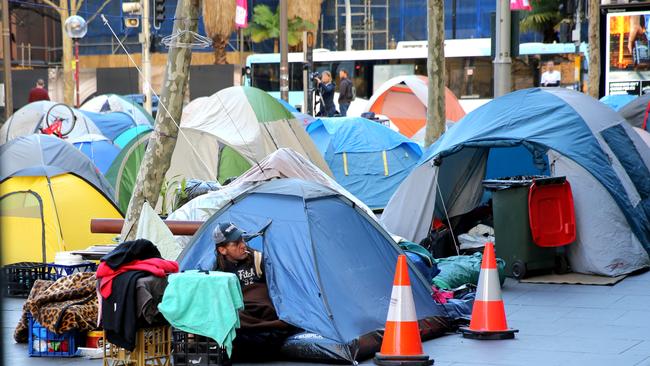 Tents in place at Martin Place, housing dozens of homeless people. Picture: John Grainger