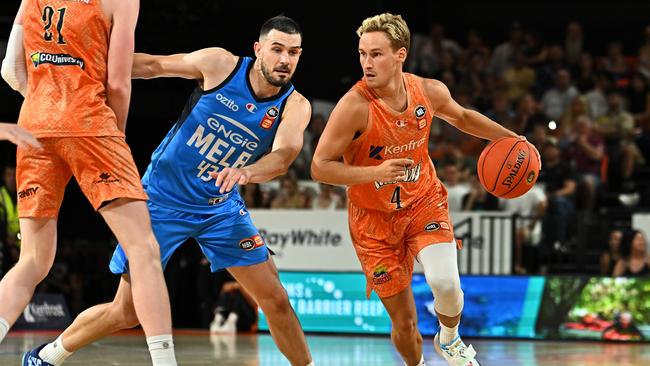 Kyle Adnam of the Taipans drives up court during the round 14 NBL match between Cairns Taipans and Melbourne United at Cairns Convention Centre, on December 26, 2024, in Cairns, Australia. (Photo by Emily Barker/Getty Images)