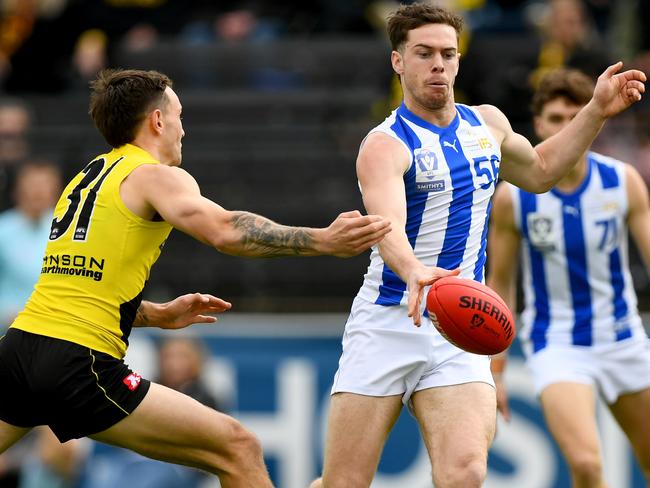 MELBOURNE, AUSTRALIA - AUGUST 20: Jack WatkinsÊof the Kangaroos kicks during the 2023 VFL round 22 match between Richmond and North Melbourne at Swinburne Centre on August 20, 2023 in Melbourne, Australia. (Photo by Josh Chadwick/AFL Photos)