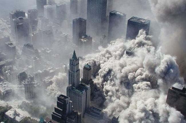 The dust and debris is about to invade New York after the attack. ABC News in the US recently obtained these images through Freedom of Information Act request in 2009 with the National Institute of Standards and Technology. Picture: Det. Greg Semendinger/NYC Police Aviation Unit.