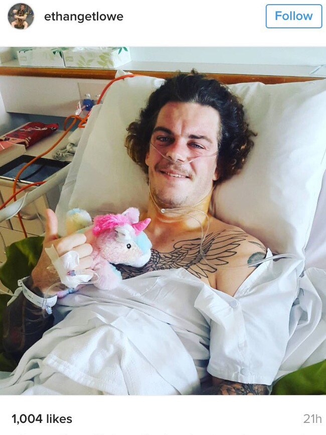 Ethan Lowe pictured recovering after neck surgery in 2016.