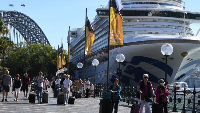 Cruise ship passengers disembark from the Princess Cruises owned Ruby Princess at Circular Quay in Sydney, Thursday, March 19, 2020. Picture: AAP