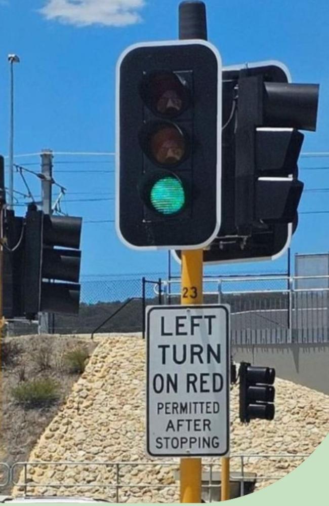 A picture of the unauthorised road sign was shared on Facebook by ABC Perth, prompting many motorists to demand the signs be implemented in the state. Picture: Supplied / ABC