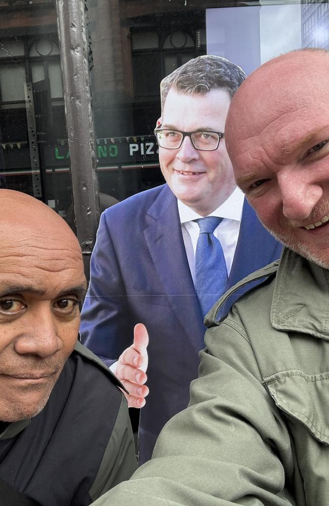 Nui Te Koha with the Dan Andrews cut-out in Glasgow. Picture: Supplied