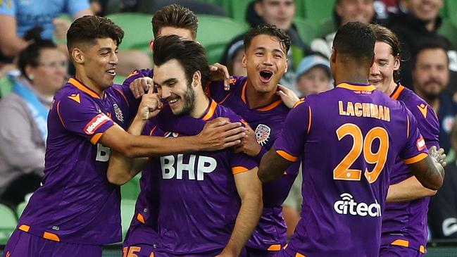 Perth Glory’s Nick D'Agostino, second from left, celebrates after scoring a goal against Melbourne City at AAMI Park