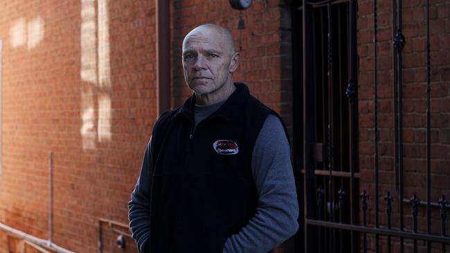 Former staffer-cum-bouncer Matty Dalley in the lane next to the now-shuttered Metro Tavern site in Bathurst, NSW. Picture: Nikki Short