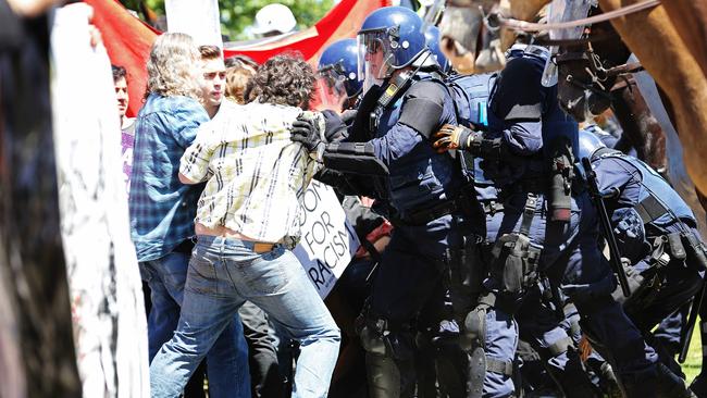 Anti-racism protestors and police clash at the Reclaim Australia Rally in Melton. Picture: Nathan Dyer