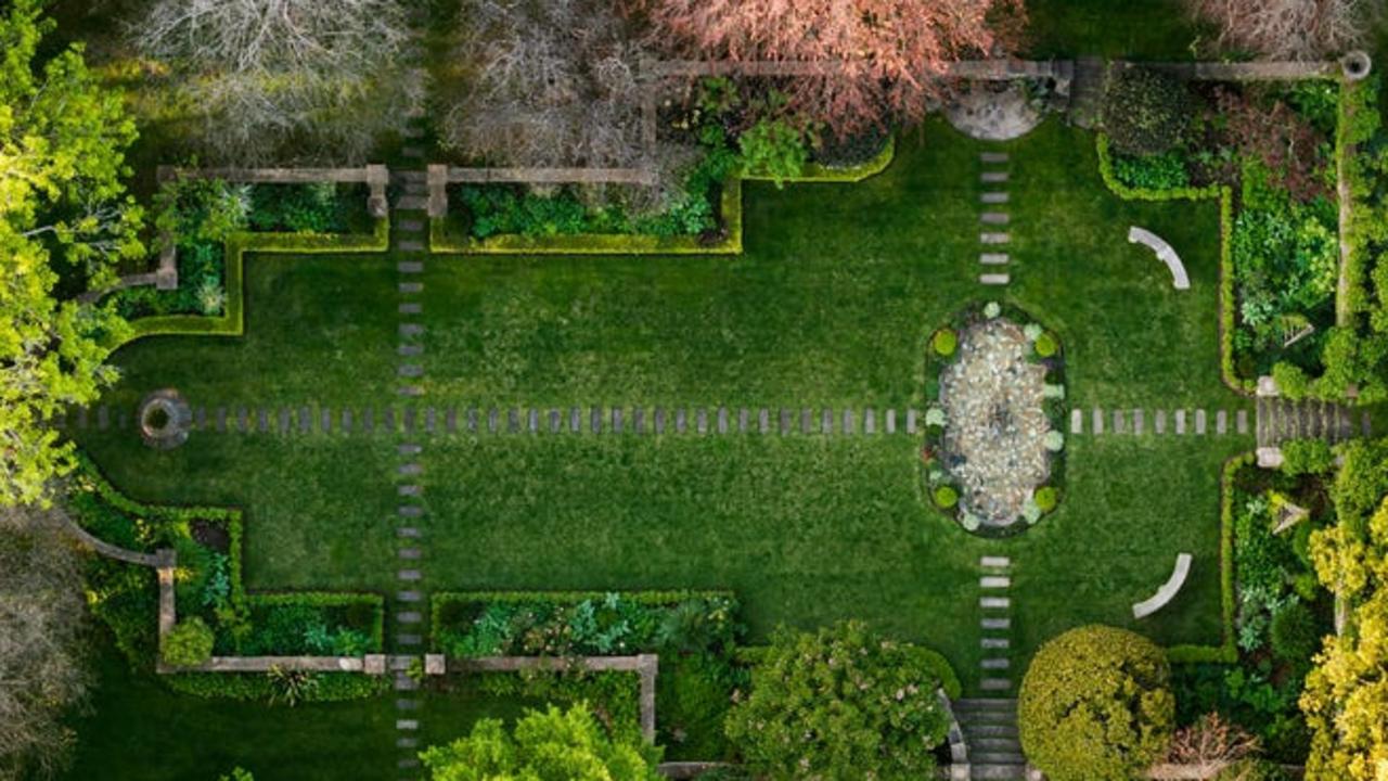 An aerial view of the manicured garden.