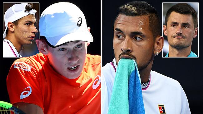 Alex de Minaur and (inset left) Alexei Popyrin are in Australia’s Davis Cup team, but Nick Kyrgios and (inset right) Bernard Tomic are not.