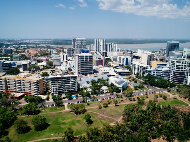 Aerial photo looking over The Esplanade at the Darwin city skyline.