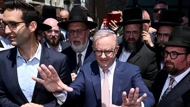 Prime Minister Anthony Albanese leaves Melbourne’s Adass Israel Synagogue after it was targeted in a firebombing in December. Picture AAP