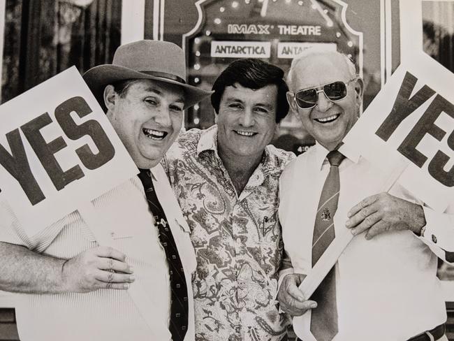 Gold Coast Mayor Lex Bell, Brisbane Mayor Jim Soorley and Albert Shire Mayor Bill Laver at Dreamworld campaigning for daylight saving. Picture: The Courier-Mail archives