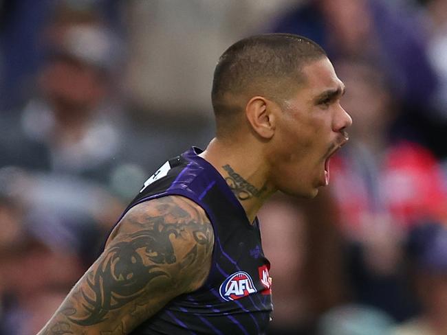 ADELAIDE, AUSTRALIA - APRIL 14: Michael Walters of the Dockers celebrates a goal during the round five AFL match between Fremantle Dockers and Gold Coast Suns at Norwood Oval, on April 14, 2023, in Adelaide, Australia. (Photo by Paul Kane/Getty Images)