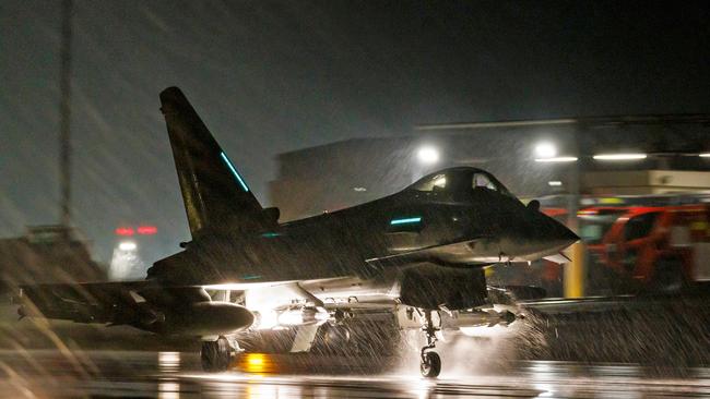 A British Typhoon FGR4 takes from Cyprus to conduct airstrikes on Houthi military targets in Yemen on Monday night. Picture: RAF via AFP