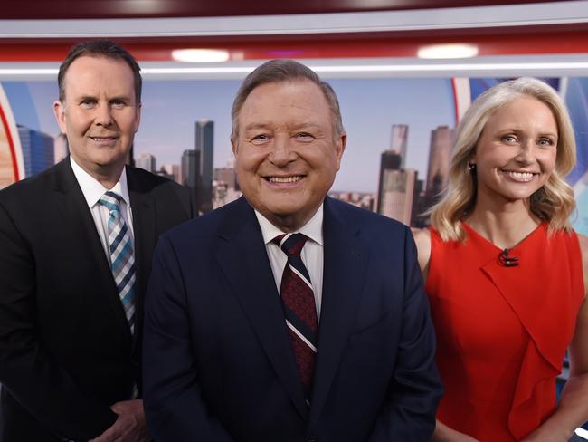 Peter Hitchener, Tony Jones and Livinia Nixon on set for National Nine News Melbourne at Channel Nine Studios Docklands. Picture: Supplied/Channel 9