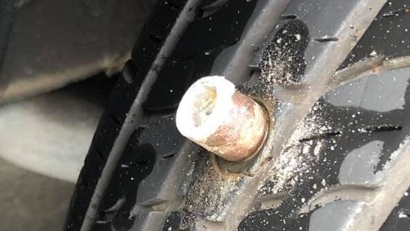 A rivet left in a motorists cars tyre after driving along Foxwell Road. Photo: Facebook.