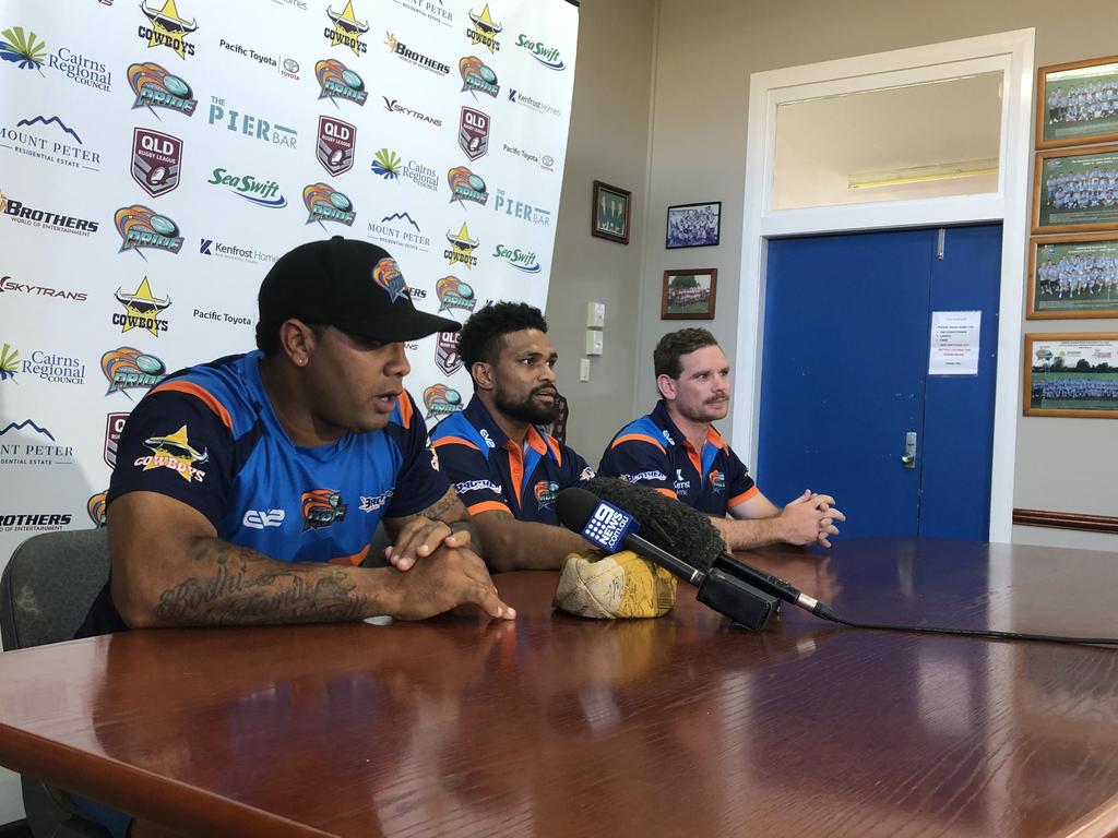 Northern Pride coach Ty Williams with newly-appointed co-captains Jayden Hodges and Chris Ostwald.