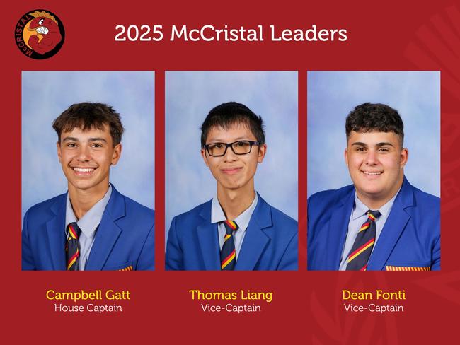 St Bede’s College — 2025 McCristal Leaders: Campbell Gatt (House captain), Thomas Liang (Vice-captain) and Dean Fonti (Vice-captain).