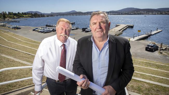 Paul Lennon and Dean Coleman at Macquarie Point in Hobart. Picture: Chris Kidd