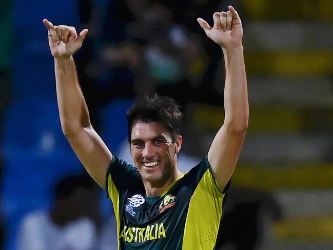 Pat Cummins celebrates his hat trick against West Indies. Picture: Gareth Copley/Getty Images