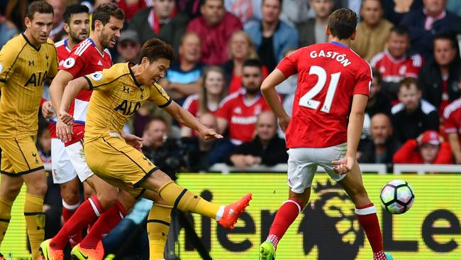 Heung-Min Son of Tottenham Hotspur scores his side’s second.
