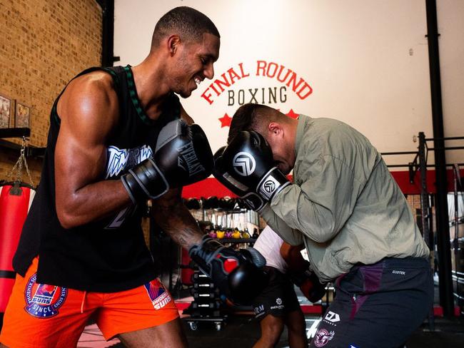 Jason Saab training with Sea Eagles teammate Josh Schuster at Final Round Gym. Picture: Supplied