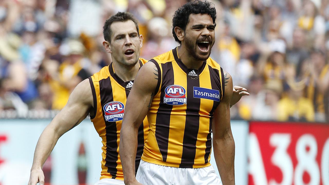 Cyril Rioli and Luke Hodge during the 2015 grand final. Picture: David Caird