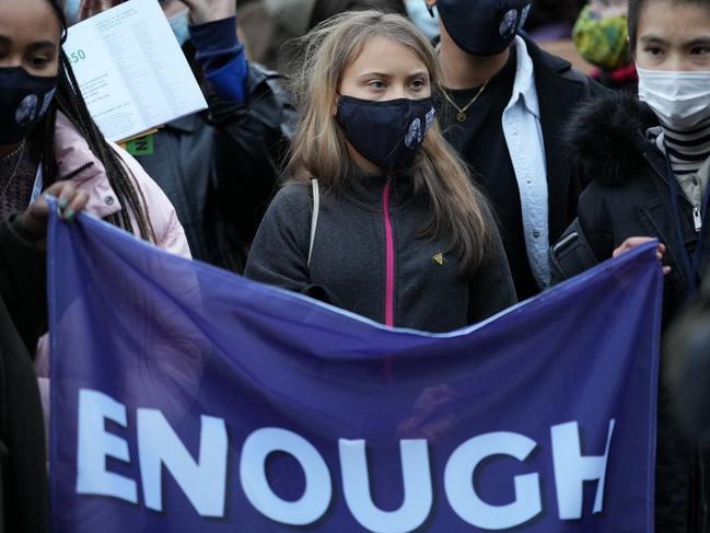 Greta Thunberg takes part in a protest near the COP26 venue at the SEC in Glasgow. Picture: Getty Images