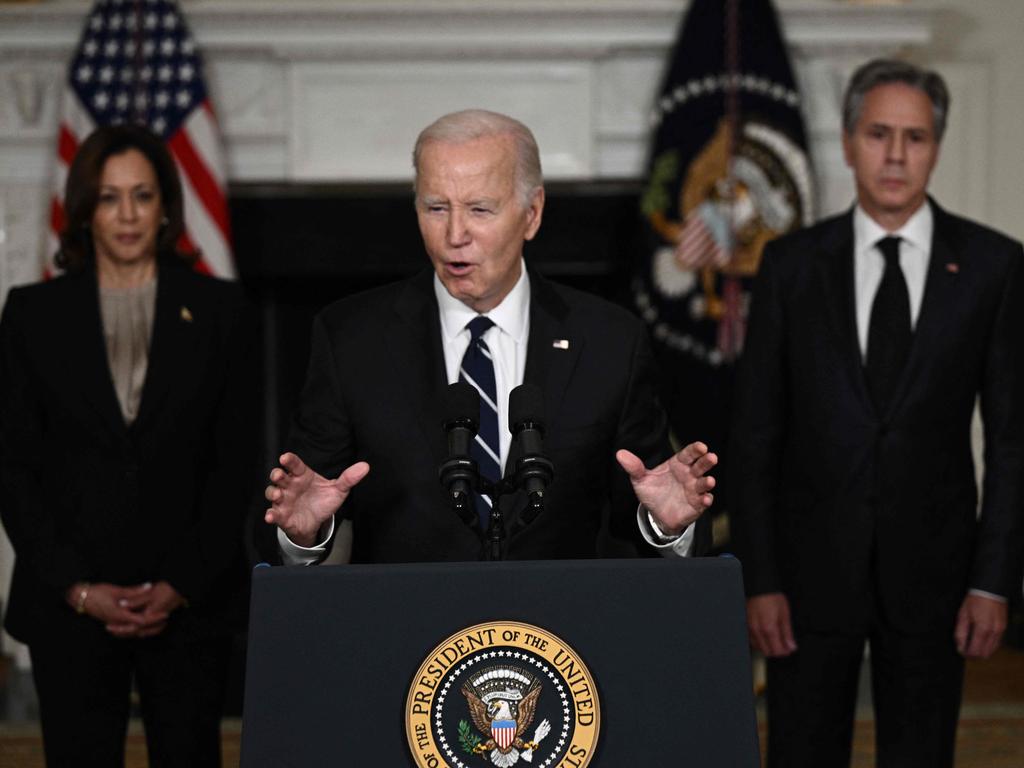 US President Joe Biden, with Vice President Kamala Harris and Secretary of State Antony Blinken speaks about the attacks on Israel at the White House. Pcture: AFP