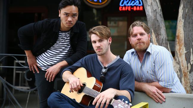 Bar tenders and musicians are worried about the impact of new lockout laws in Queensland. Sony Sando and Casey Shipp from The Young Art, with Nick Braban, secretary of Our Night Life Queensland. Picture: Peter Cronin