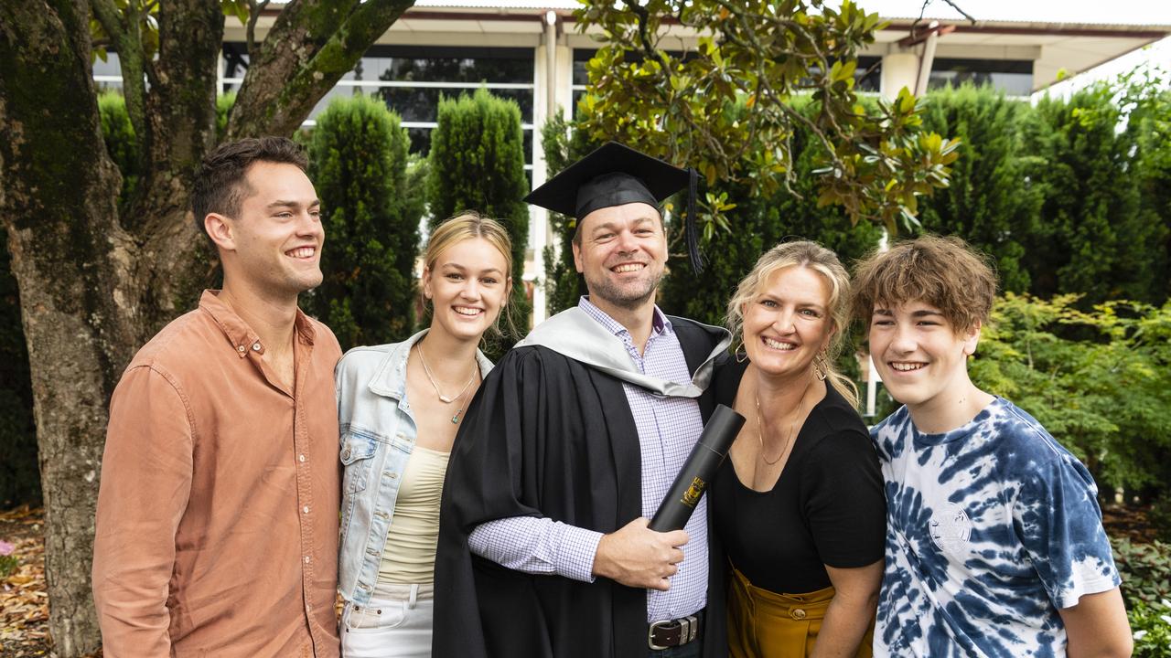 Kev Hyslop (Master of Business Administration) with family (from left) Jarrod, Chloe, Bianca and William Hyslop at the UniSQ graduation ceremony at Empire Theatres, Tuesday, December 13, 2022. Picture: Kevin Farmer