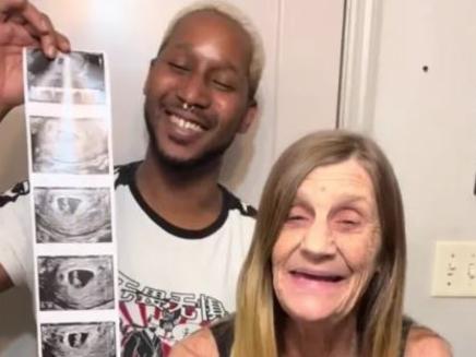 Cheryl, 63, and husband Quran, 26, announced their surrogate is pregnant, as they held up her positive pregnancy test and pictures from their scan. Picture: TikTok/@oliver6060